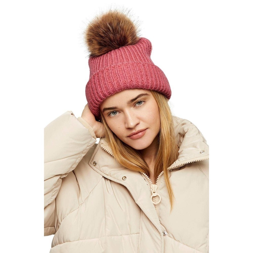 Topshop Pink Knitted Fur Pom Pom Beanie Cute Hat